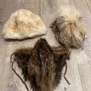 3 vintage real fur hats